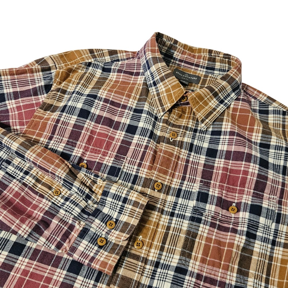 Bean Signature Men's Plaid Flannel Shirt Slim Fit Long Sleeve‎ Button Up Size L